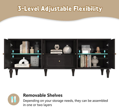 ARTPOWER 67'' Mid-Century Modern TV Stand with Storage Drawer and Doors, Long TV Stand with Adjustable Shelves for 75 Inch TV for Living Room, Bedroom, Black