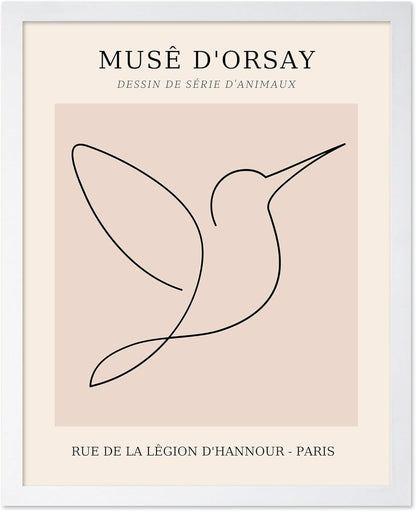 Poster Master Vintage Poster - Retro One Line Hummingbird Drawing Print - Bird Line Art - Minimal Gift for Him, Her, Animal Lover - Abstract Decor for Home, Office, 8x10 White Framed