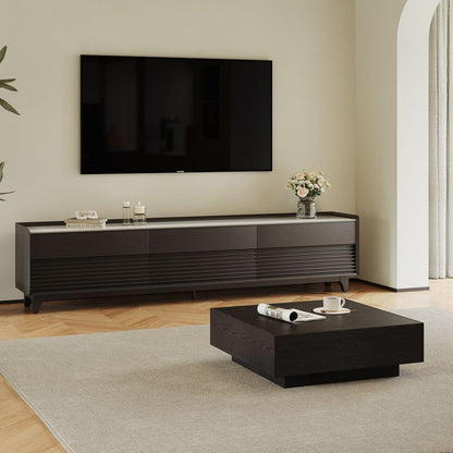 POVISON Fully-Assembled Mid Century Glossy Sintered Stone TV Stand with Legs, Wood Media Console with Adjustable LED Light, Entertainment Center with Storage for Living Room