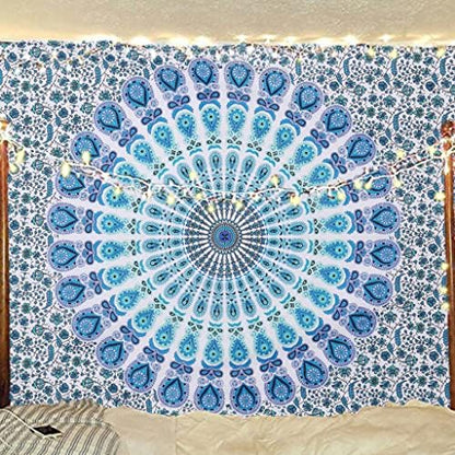 Bless International Handmade Indian hippie Bohemian Psychedelic Peacock Mandala Wall hanging College Dorm Beach Throws Table Cloth Bedding Tapestry (Peacock Sky Blue, Poster(30x40Inches)(76x101cms))