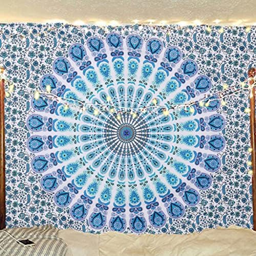 Bless International Handmade Indian hippie Bohemian Psychedelic Peacock Mandala Wall hanging College Dorm Beach Throws Table Cloth Bedding Tapestry (Peacock Sky Blue, Poster(30x40Inches)(76x101cms))