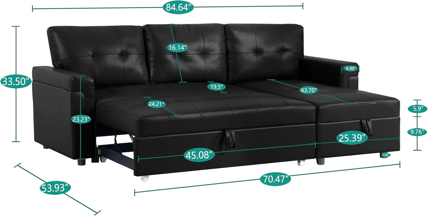 Naomi Home Jenny Sectional Sofa Sleeper with Storage Chaise, Tufted Pull Out Couch with Storage, L-Shaped Reversible Sleeper Sofa with Storage, Black,Air Leather