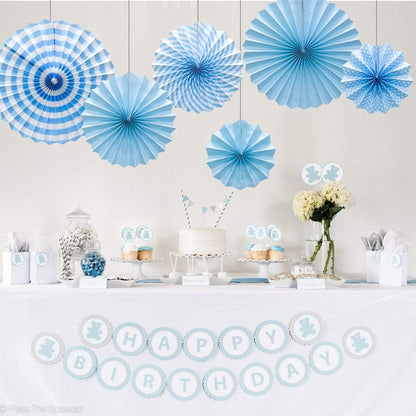 Hanging Paper Fans Party Set, Round Pattern Paper Garlands Decoration for Birthday Baby Boy Shower Graduation Bachelorette, Set of 6 (Blue)