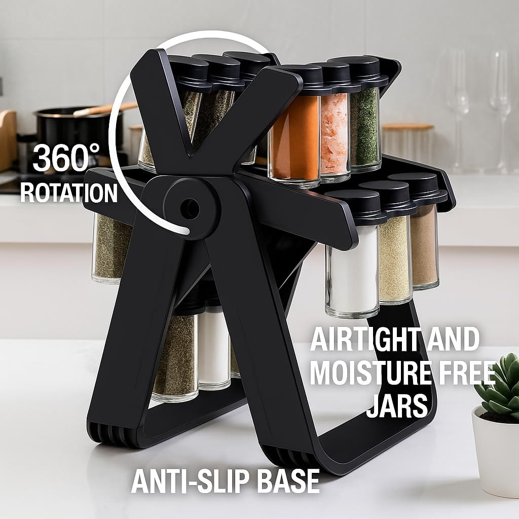 A&K's Rotating Spice Rack Organizer, 18 Glass Jars, 360-Degree Turntable, Black, Comes with Spice Label Stickers, Funnel, and Water Pen. Best for Kitchen Organization, Countertop, Pantry, and Cabinet.