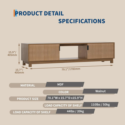 GarveeHome 70" Long TV Stand for Living Room, Mid Century Modern Entertainment Centerfor TVs Up to 80 Inches, TV Console with Fluted Doors & Open Storage Compartment for Livingroom Bedroom- Walnut