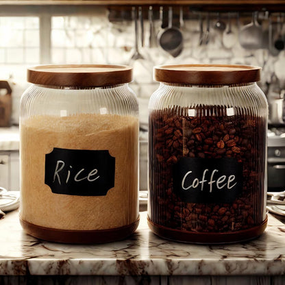 SAIOOL 2-Pack Striped Borosilicate Glass Airtight Canisters - Big mouth Large Capacity, Acacia Wood Lid, Food Storage Jars for Flour, Pasta, Pantry Organization (3/4 Gallon （2 Striped pack）)