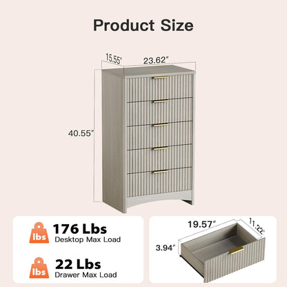 Pipishell Dresser for Bedroom, Fluted 5 Drawers Dresser, 40" Tall Modern Chest of Drawer with Round Edge & Pre-Installed Drawer Slides, Natural Wood Drawer Organizer for Bedroom, Hallway, Gray