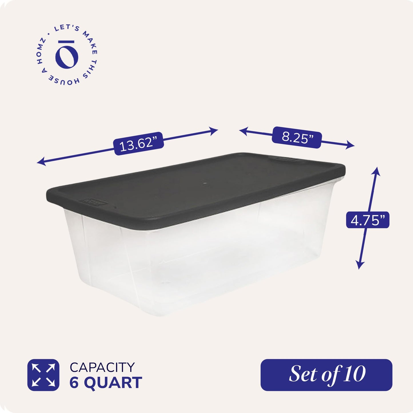 HOMZ 10-Pack Snaplock, Small Clear Plastic Storage Organizer Bins w/Lids, 6 Quart, Gray - Stackable
