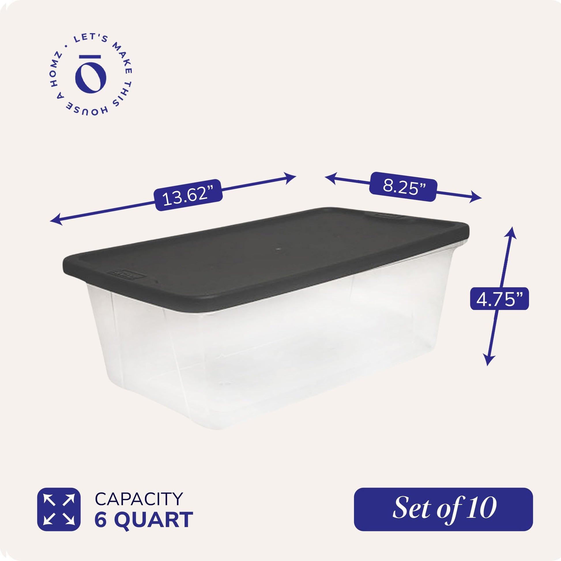 HOMZ 10-Pack Snaplock, Small Clear Plastic Storage Organizer Bins w/Lids, 6 Quart, Gray - Stackable