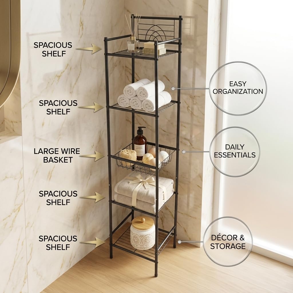 Bath Bliss 5 Tier Freestanding Bathroom Storage Shelf, Black Metal Organizer Rack | Rust Resistant