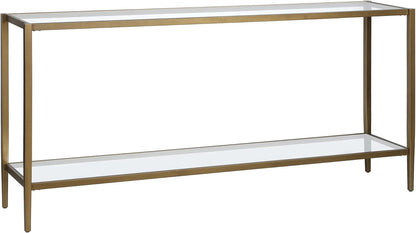 Henn&Hart 64" Wide Rectangular Console Table with Glass Shelf in Brushed Brass, Entryway Table, Accent Table for Living Room, Hallway