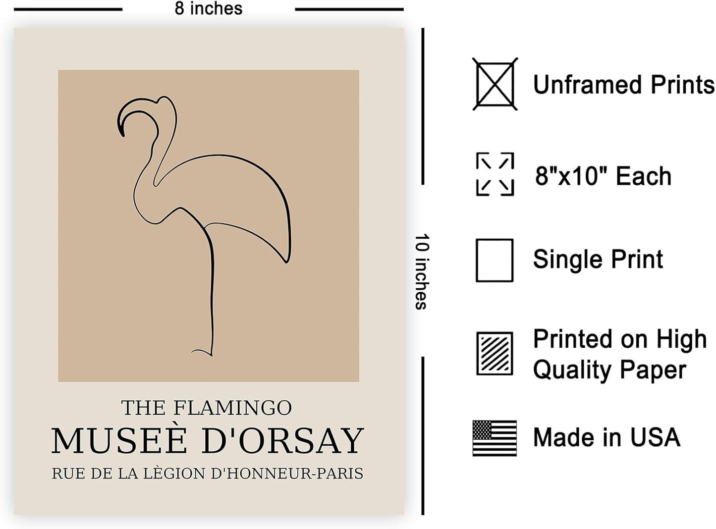 Poster Master Vintage Flamingo Print - Retro Bird Poster - Line Drawing Art - Sketch Wall Design - Gift for Boys, Girls & Animal Lover - Decor for Kids Room or Nursery - 8x10 UNFRAMED Wall Art