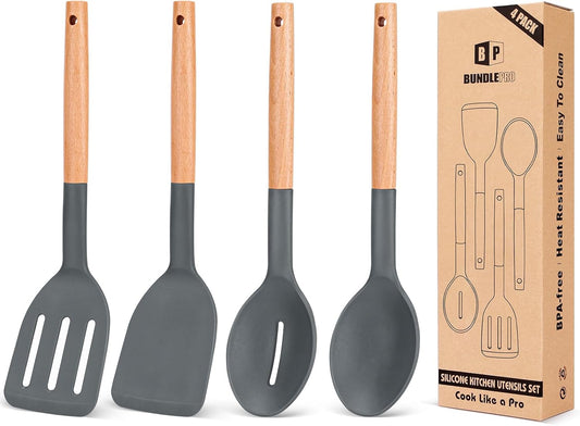 Pack of 4 Silicone Cooking Utensils Set, Non Stick Solid Spatulas and Heat Resistant Slotted Spoons