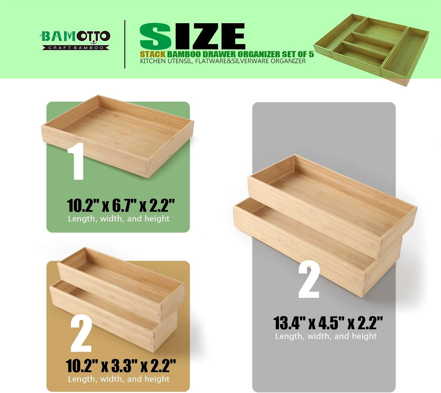 Stack Bamboo Drawer Organizer Set of 5, Kitchen Utensil, Flatware&Silverware Organizer-Wood Laminated Stackable for Kitchen, Bedroom, 13.4''x4.5''*2+10.2''x3.3''*2+10.2''x6.7''*1