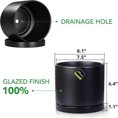 Aveyas 8 inch Ceramic Plant Pot with Drainage Hole and Saucer - Suitable for Indoor and Outdoor Use, Modern Planters for House Garden Flower Tree Snake Monstera Plants (8", Matte Black)