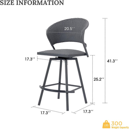 VICLLAX Patio Bar Stool Chairs with Footrests and Padded Seat, Bar Height Swivel Patio Chairs Set of 2, Grey Woven Wicker Swivel Bar Stools for Lawn Garden