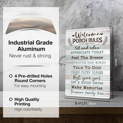 Heuhuww Heuhuww Welcome Porch Rules Tin Sign,Vintage Patio Wall Art Decor,Outdoor Rustic Farmhouse Home Patio Backyard Decor12" x 8"(H20)