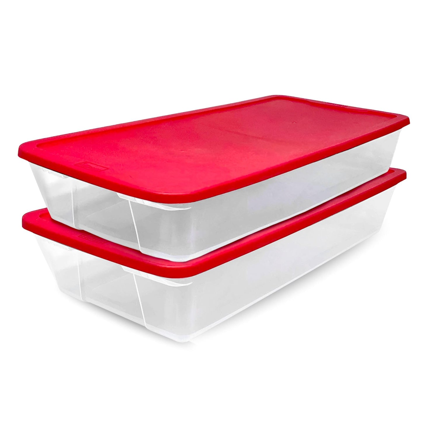HOMZ 2-Pack Holiday Tote, Clear Plastic Storage Organizer Bins with Lids, 41 Quart, Red - Stackable