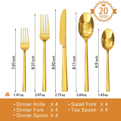 KINGSTONE Gold Silverware Set, 20-Piece Forged Flatware Set Cutlery Set Premium Stainless Steel, Service for 4, for Kitchen, Home, Wedding, Party, Mirror Polished and Dishwasher Safe