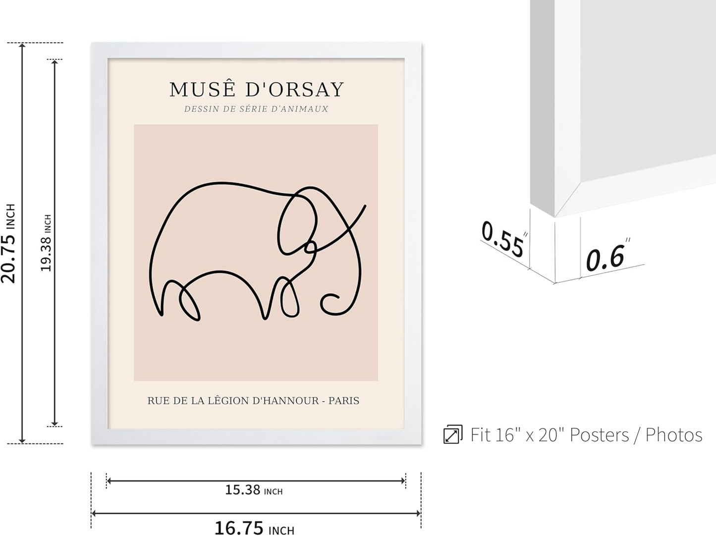 Poster Master Vintage Poster - Retro One Line Elephant Drawing Print - Elephant Art - Minimal Gift for Men, Women, Animal Lover - Abstract Wall Decor for Home, Office, 16x20 White Framed