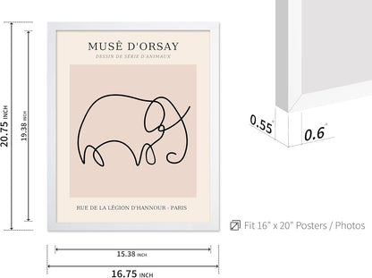 Poster Master Vintage Poster - Retro One Line Elephant Drawing Print - Elephant Art - Minimal Gift for Men, Women, Animal Lover - Abstract Wall Decor for Home, Office, 16x20 White Framed