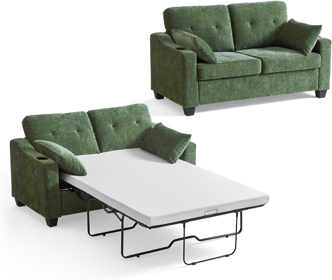 CHIC HOUSE Pull Out Sofa Bed, Full Size Sleeper Sofa, 2-in-1 Convertible Chenille Couch with USB Charging, Memory Form Couch for Living Room, Apartment & Small Space (Green, Chenille - Full)