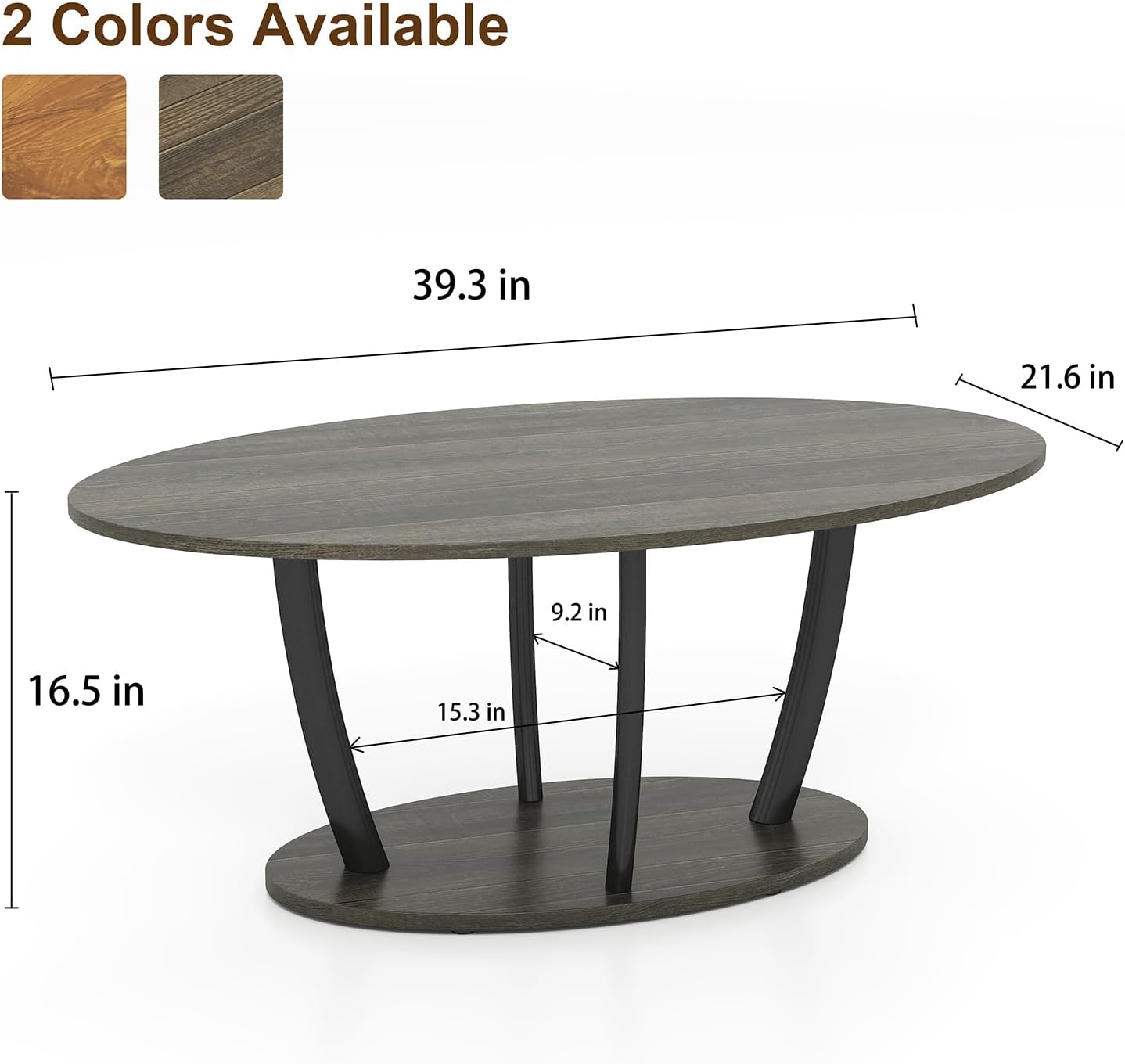 Manora Small Oval Coffee Table with Storage, Rustic Farmhouse Industrial Center Table for Living Room, VintageTea Table for Small Spaces, Gray