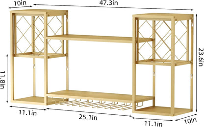 Wall Mounted Wine Rack with Glass Holder,Metal Floating Bar Liquor Shelves 2 Tier,Wine Glass Rack Multi Functional Wine Storage Display Rack for Home Bar Dining Room Kitchen,Gold