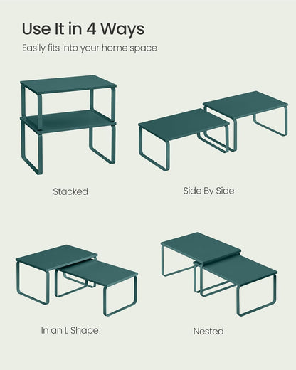 SONGMICS Cabinet Organizer Shelf, Set of 2 Kitchen Counter Shelves, Kitchen Storage, Spice Rack, Stackable, Expandable, Metal and Engineered Wood, Marrs Green UKCS002C02