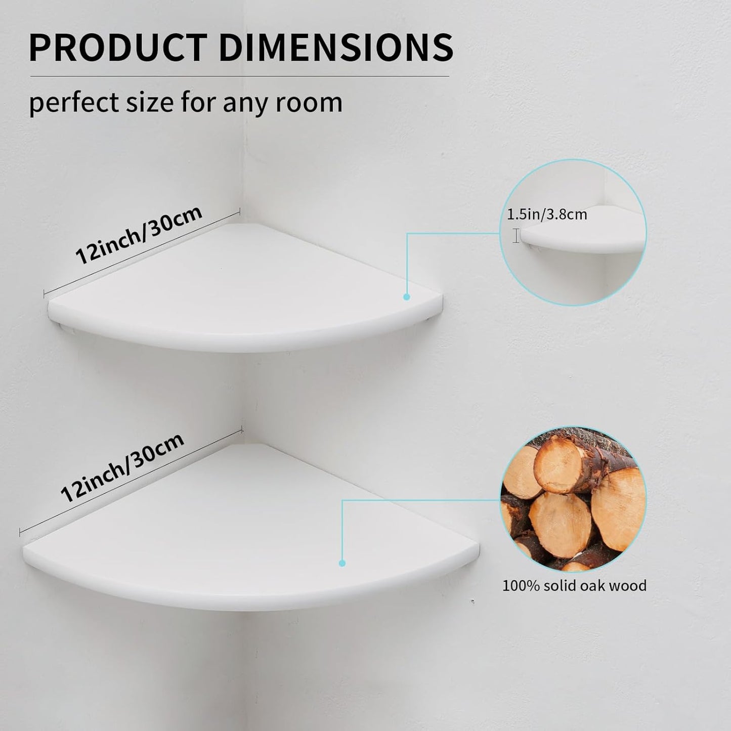 Corner Shelves, White Floating Corner Shelf, Set of 2 12inch Solid Oak Wood Wall Shelves, Round End Wall Mount with Wire Hole for Small Plant for Bedroom Kitchen, Living Room