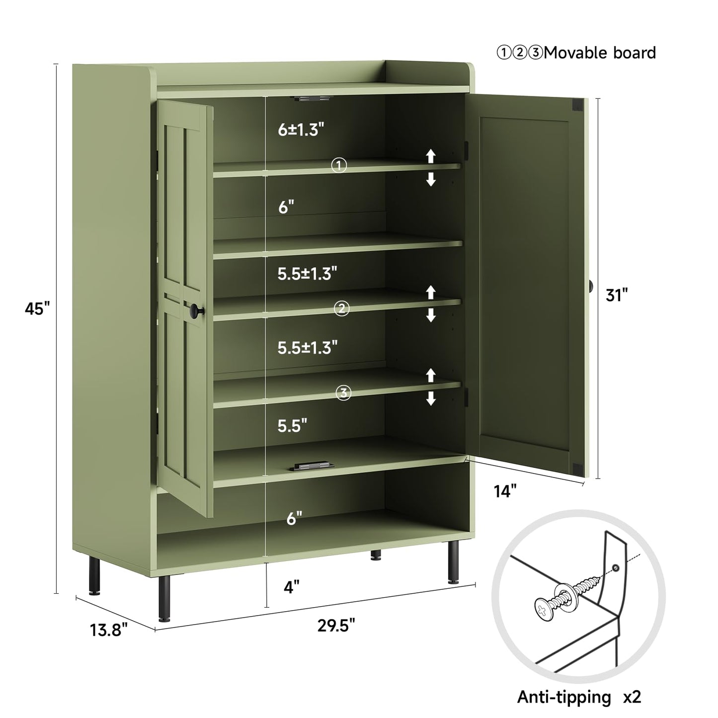 ComfyCorner Shoe Cabinet with Cross Molding Doors, 6-Tier Storage, Green