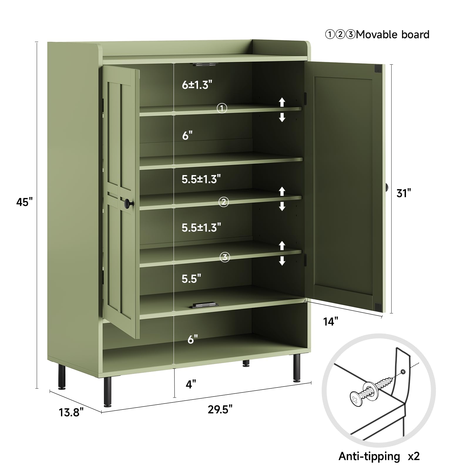 ComfyCorner Shoe Cabinet with Cross Molding Doors, 6-Tier Storage, Green