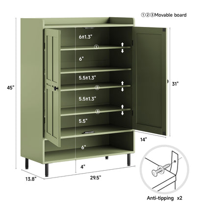ComfyCorner Shoe Cabinet with Cross Molding Doors, 6-Tier Storage, Green