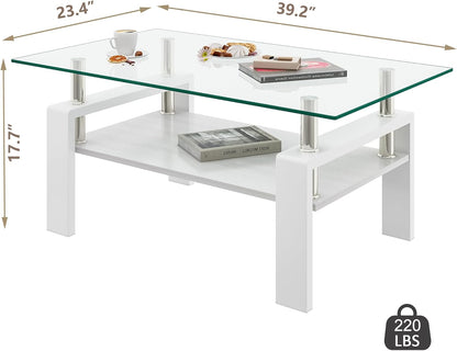 Glass Coffee Table Rectangle Living Room Center Table, with Transparent Tempered Glass Tabletop and White MDF Layer,for Living Room and Office, Transparent +White