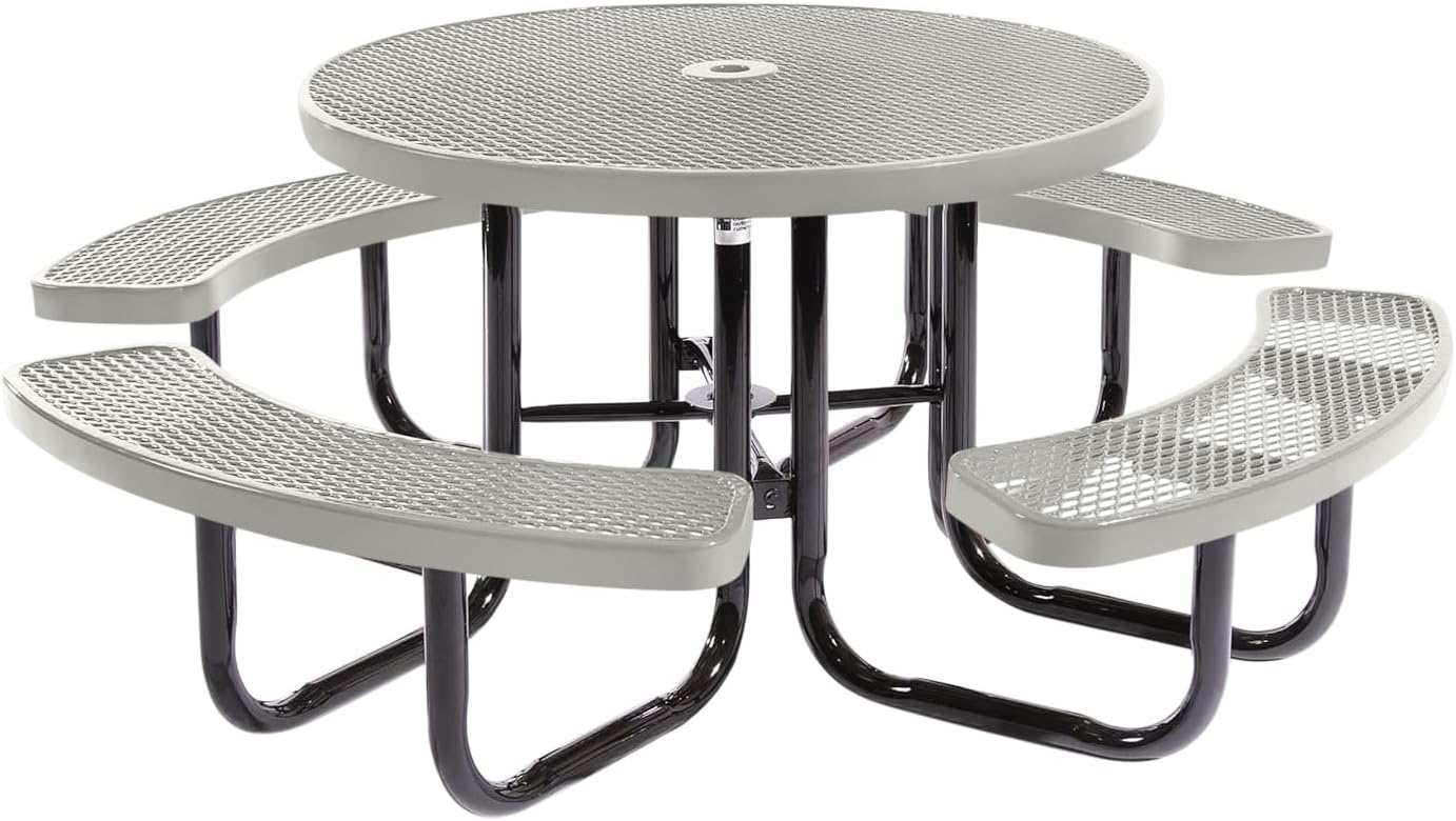 Coated Outdoor Furniture Heavy-Duty Portable Outdoor Picnic Table with Umbrella Hole, Expanded Metal Commercial-Grade Patio Dining Furniture Made in America (46" Round Top, Grey)