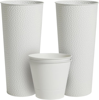 Worth Garden 2-Pack 28" H. Metal Planter with 2X Inside Pots - Hand-Hammered Texture Tall Cone Plant Pots - Large Handcrafted Flower Pot for Indoor Outdoor, Deck, Patio, Front Porch - White