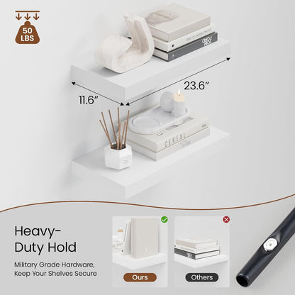 Heimlove 12" Deep White Floating Shelves for Wall, 24 Inch Wall Shelf Bathroom Shelves Set of 2, Wall Mounted Shelves for Books Living Room Laundry Room Bedroom Kitchen Home Office