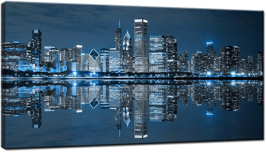 LevvArts Modern City Wall Art Chicago Downtown at Night Picture Print on Canvas Building Artwork for Office Living Room Wall Decoration