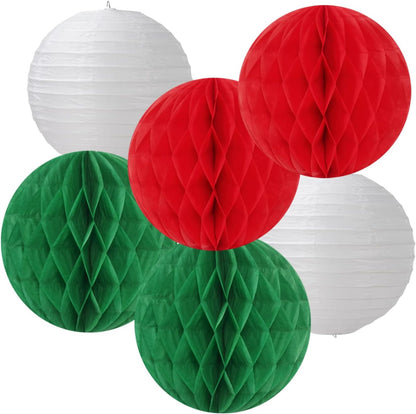Red-Green White Party Decorations - 14pcs Winter Birthday New Year Paper Lanterns Fan,Italian Tissue Pom Poms Streamers,Honeycomb Balls, Wedding Baby Shower Decor Lasting Surprise