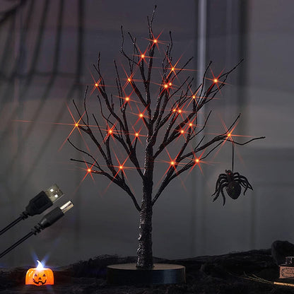 Fudios Black Halloween Tree with Lights 24 LED Orange with Timer, Lighted Tabletop Glittered Spooky Tree Artificial 18in for Witch Home Decor Battery Operated or USB Plug