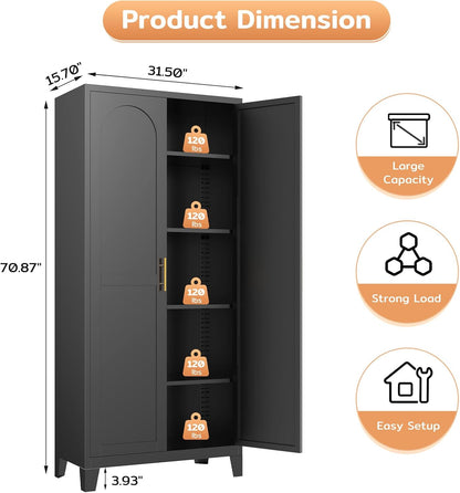 70.87" H Metal Kitchen Pantry Cabinet, Freestanding Cupboard with 2 Doors and 4 Adjustable Shelves, Tall Metal Storage Cabinet for Kitchen, Bathroom, Dinning Room or Laundry Room （Black）