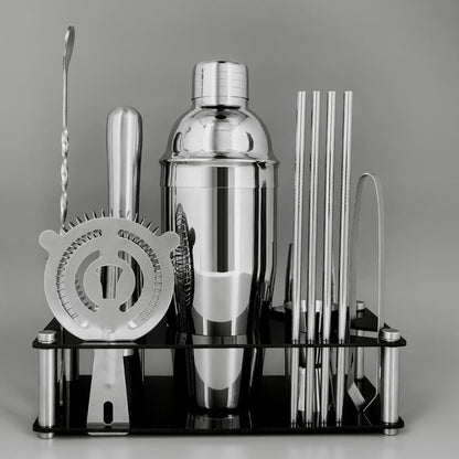 14-Piece Cocktail Shaker Set Bartender Kit with Black Stand, Bar Tool Set for Drink Mixing Bartending Kit Bar Sets Accessories: 750ml(25oz) Shaker, Jigger, Muddler, Cocktail Recipes (Silver)