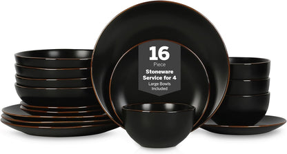 Stone Lain Brasa Modern Stoneware 16 Piece Dinnerware Sets, Plates and bowls Sets, Dish Set for 4, Black