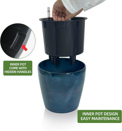 Dexceder 9x8 Inches Self Watering Planter Indoor Outdoor, Inner Pot Design, Thickened Table Flower Plant Pot with Water Level Indicator (Grayish Green Gradient)