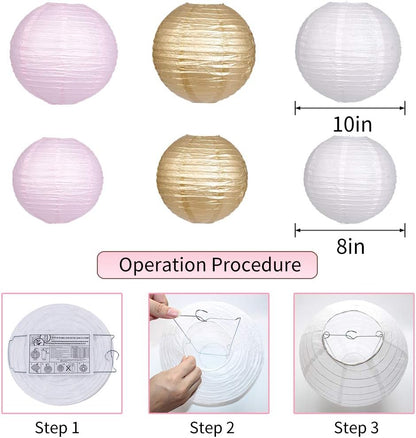 Pink Gold Party Decorations, Pink Gold Paper Lanterns and Pom Poms Flowers for Birthday Party Baby Showers Engagement Tea Party Decor 15PCS