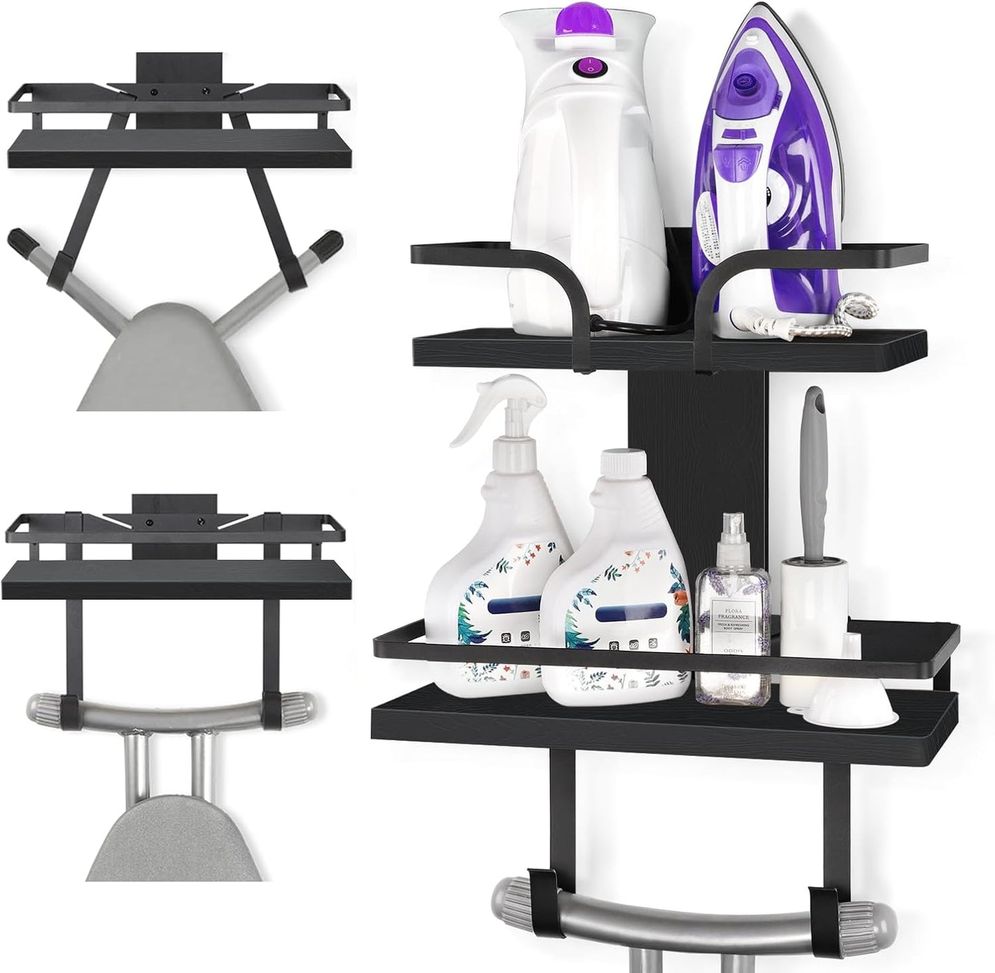 VINAEMO Ironing Board Hanger Wall Mount, 2-Layer Iron and Ironing Board Holder, Laundry Room Shelves Solid Wood with Removable Hooks Home Organization and Storage