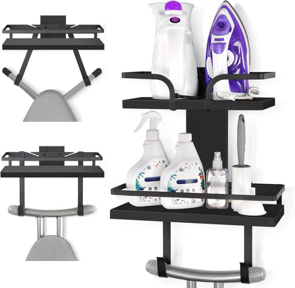 VINAEMO Ironing Board Hanger Wall Mount, 2-Layer Iron and Ironing Board Holder, Laundry Room Shelves Solid Wood with Removable Hooks Home Organization and Storage