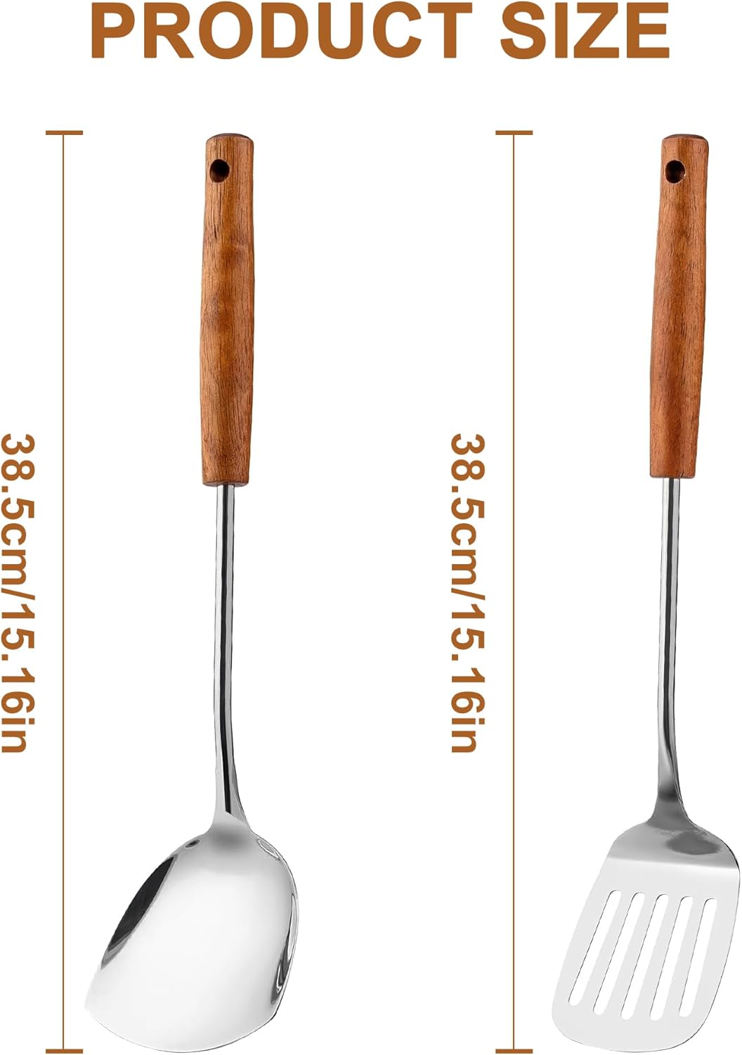 FJNATINH Spatulas and Turner Set - Stainless Steel Wok Tools, Wok Utensil,Stainless Steel Cooking Utensils 14.6-15.2" Kitchen Utensils Cookware (Wood Handle-Spatulas 2PCS)
