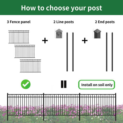 End Post for Yard, Garden, Outdoor Fencing – Steel, 2"x2"x78", Black, DIY Pre-Drilled Holes on One Side, Built-in Rivet Nuts, Soil Installation (1pc)