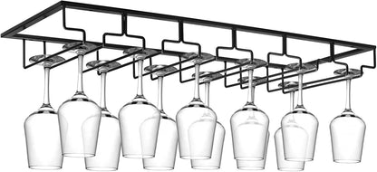 Xverycan Wine Glass Rack Under Cabinet, 6 Row Extreme Large Stemware Hanger, Metal Wine Goblet Holder, DIY Bar Glass Storage Rack for Bar Counter, Kitchen, Screws Included (Black)